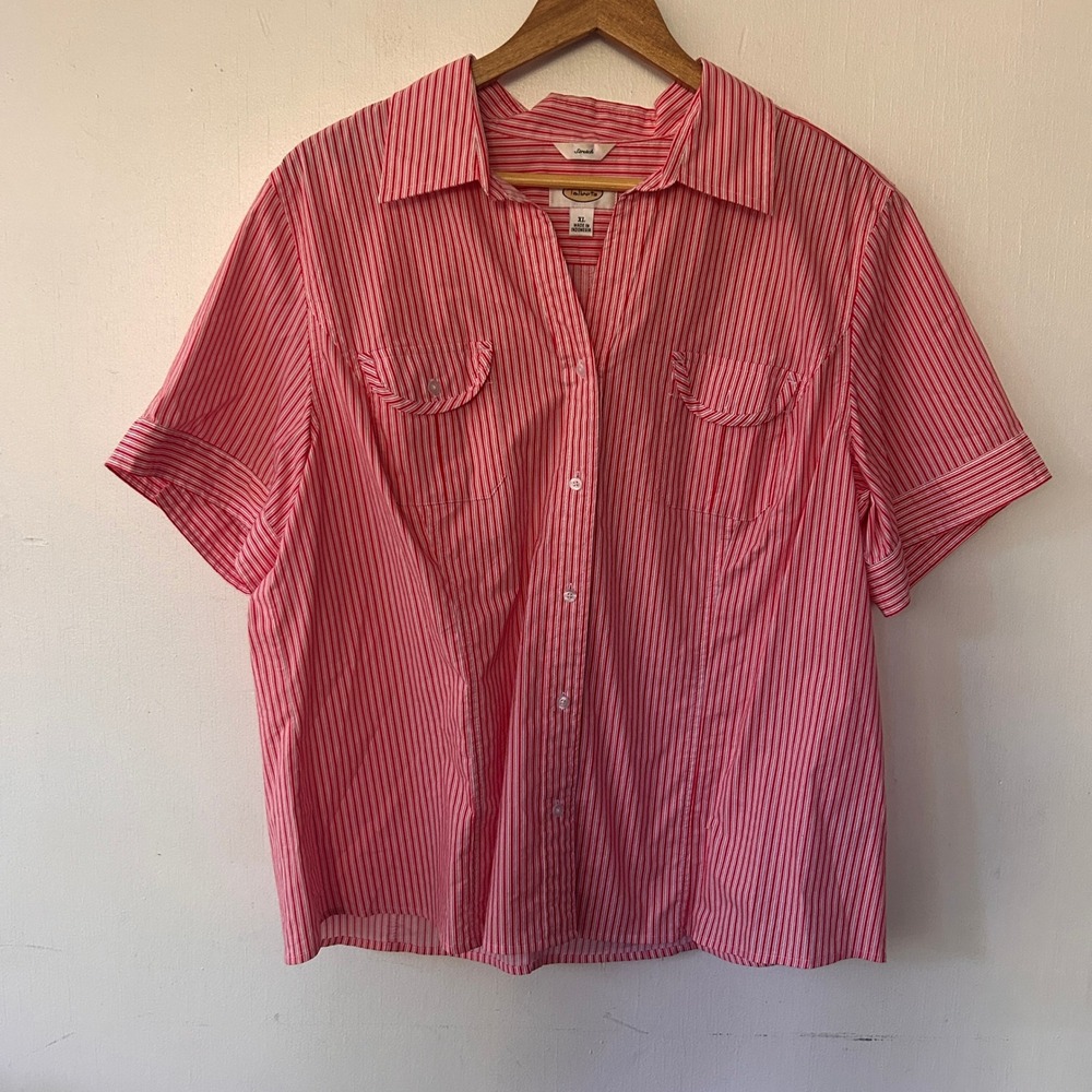 Talbots Short Sleeve Button Down Women XL Red Striped Stretch Preppy Picnic